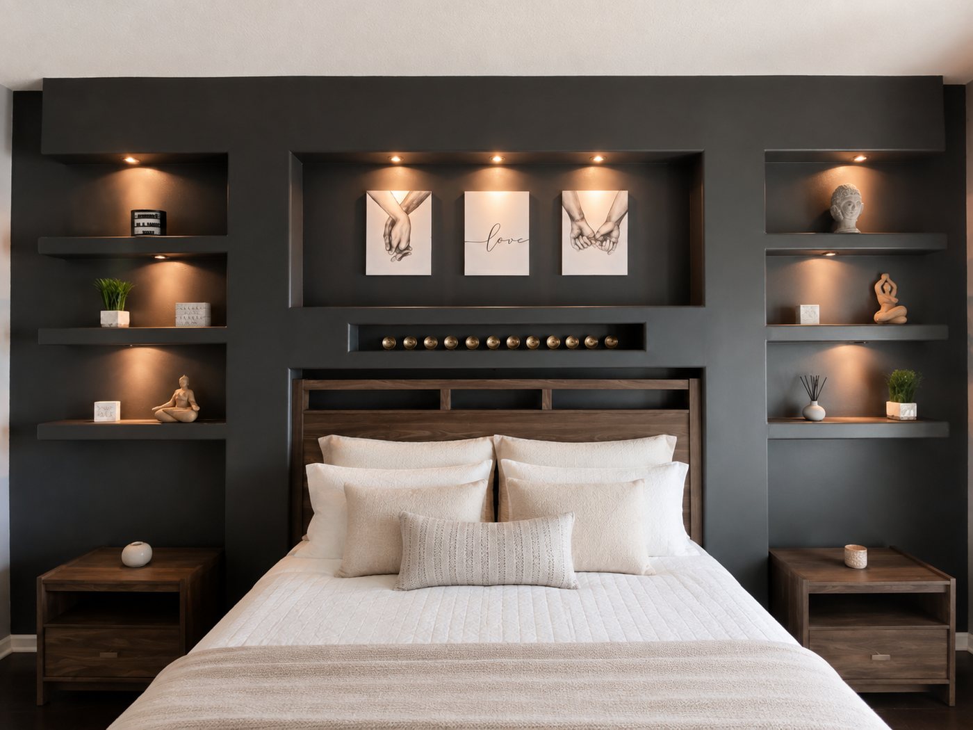 Bedroom feature wall with lit niches and a panelled headboard surround