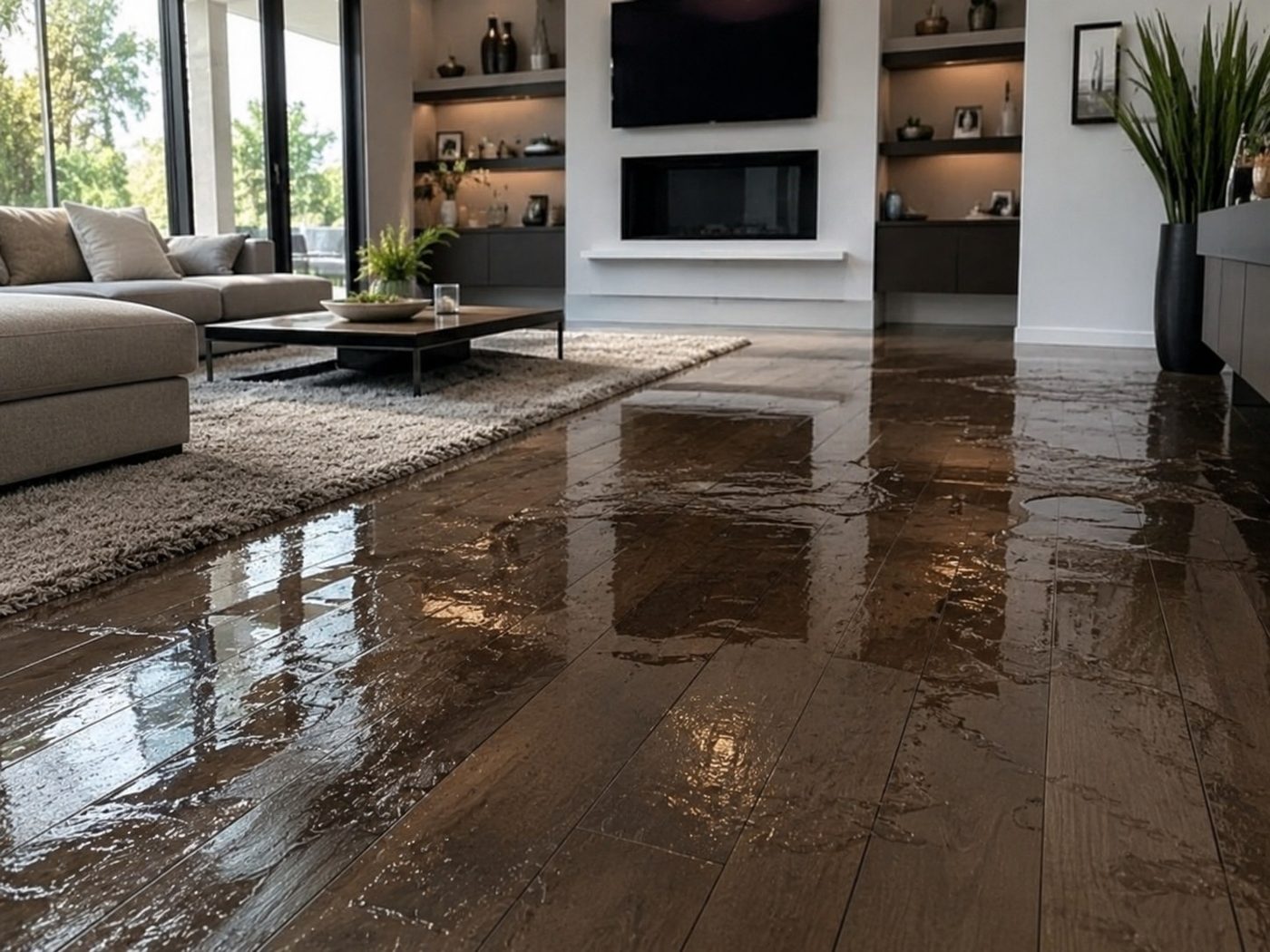 Standing water across a hardwood floor in a flooded living room